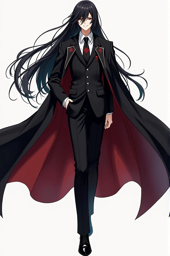 Kenja Ashura handsome psycho guy elegant with long black hair Akutagawa style suit red eyes color with black shoes cheerful and elegant personality