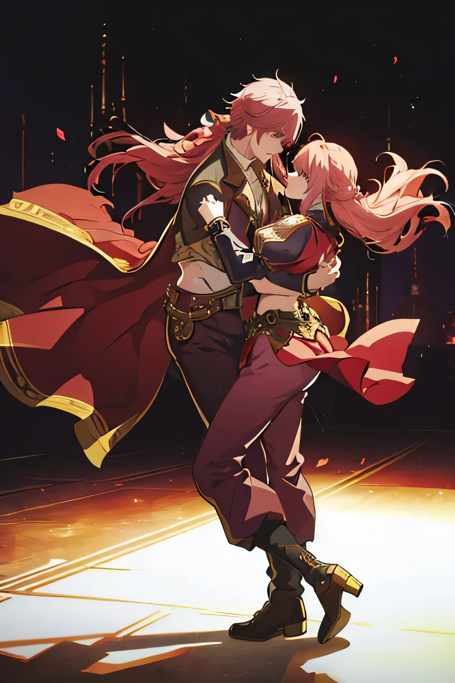 A girl dances with a boy. Rose gold hair. The boy has very long hair and scarlet eyes.. Fantasy Clothing. trousers. steampunk.