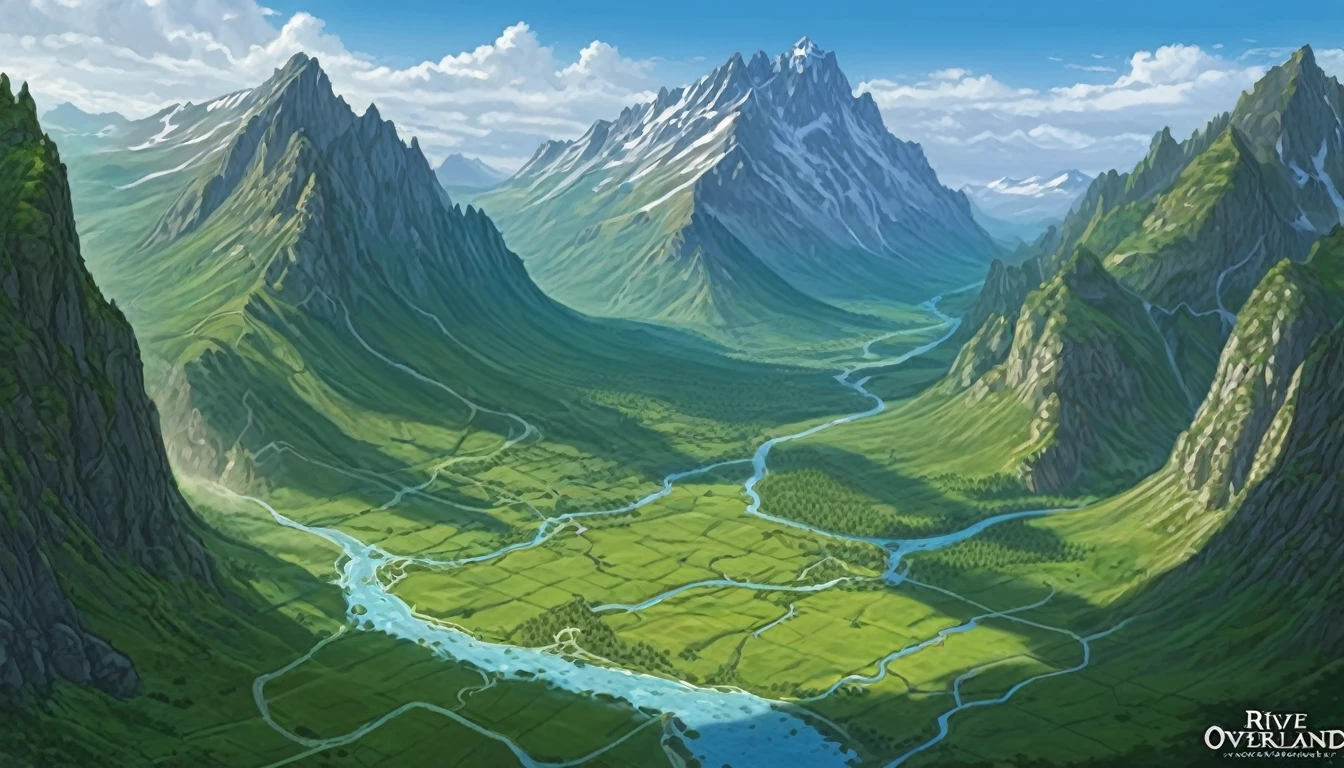 dnd fantasy (((overland map))) of a rive valley region with mountains, hills and rocky crag, by Mike Schley