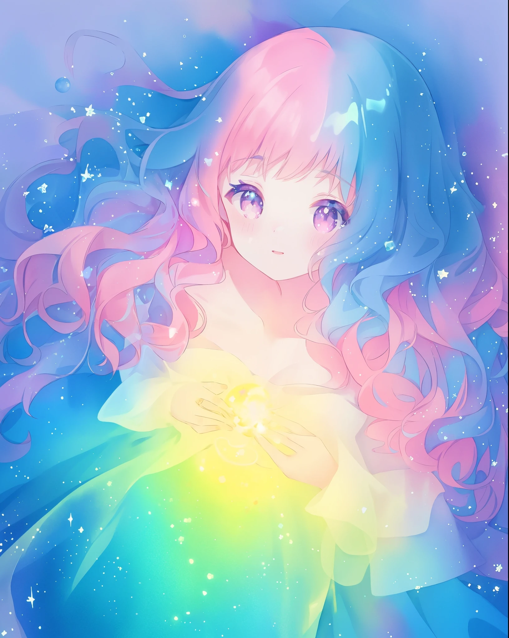 beautiful girl in sparkling gradient ballgown, long wavy peach pink hair, vibrant pastel colors, (colorful), colorful watercolor background, ethereal, magical lights, sparkling liquid light, disney art style, fantasia background, whimsical, fantasy, beautiful face, ((masterpiece, best quality)), intricate details, highly detailed, sharp focus, 8k resolution, liquid watercolor