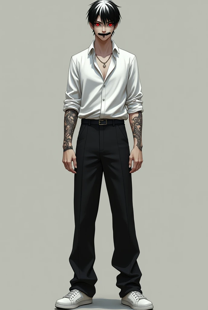 A man with short black hair with white highlights, 1,85 tall, Eyes red, a vertical scar on the mouth , with a white blouse, black pants, White sneakers, a snake tattoo on the left arm that goes down to the collarbone, full length sleeve style