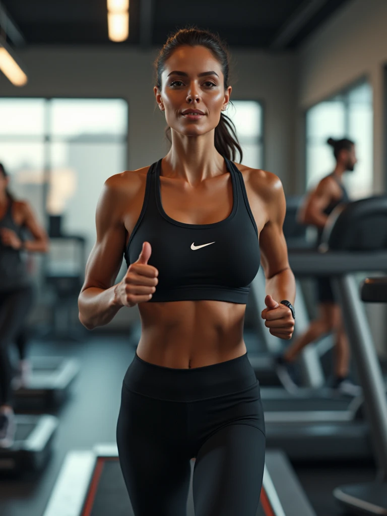 brunette fitness model, black leggings and sports bra, small Nike logo, running on a treadmill, people in the background