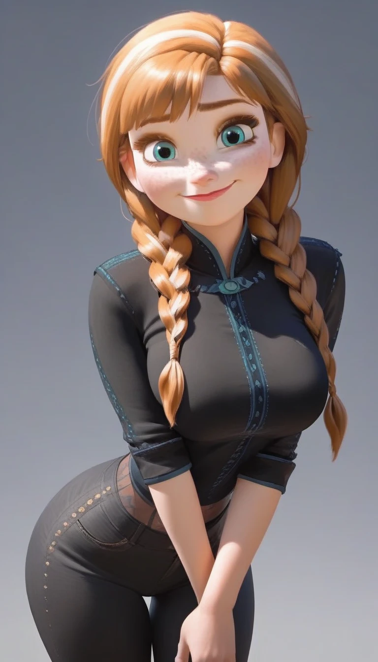 score_9,score_8_up,score_7_up,score_6_up,score_5_up,score_4_up,1girl, (anna frozen, twin braids), cute smile, sexy pose, hot, sexy, horny, freckles,black shirt, black tight pants, breast focus, big breasts, in dark room, dynamic angle
