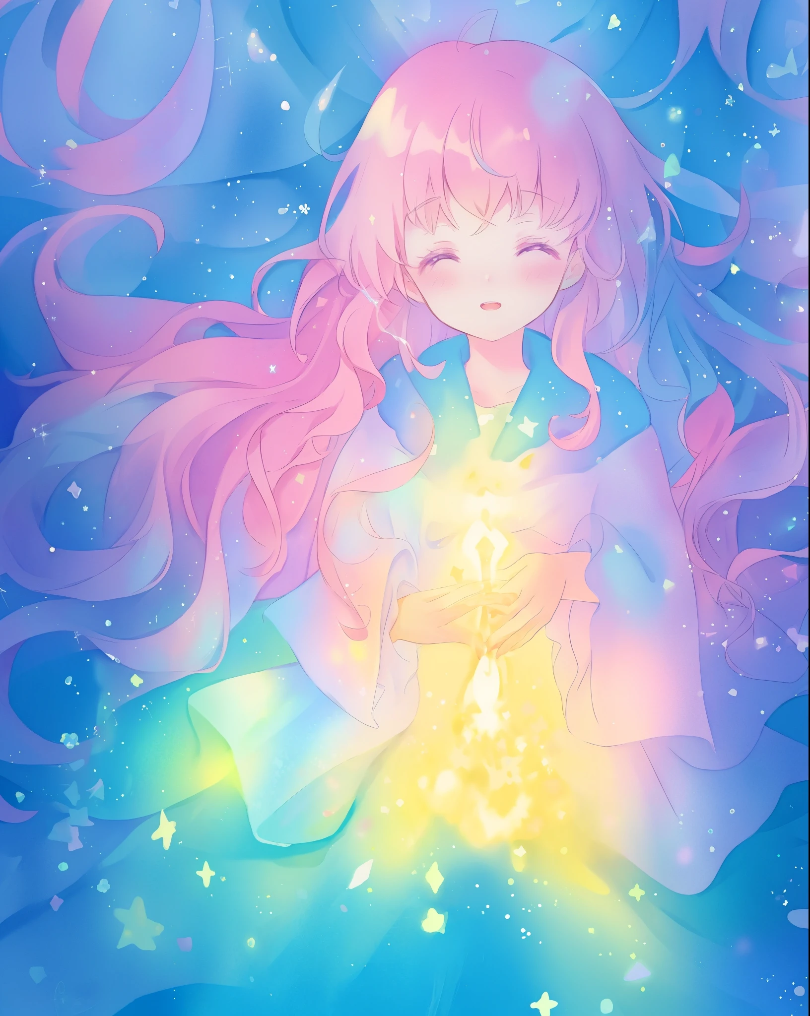 beautiful girl in sparkling gradient ballgown, long wavy peach pink hair, vibrant pastel colors, (colorful), colorful watercolor background, ethereal, magical lights, sparkling liquid light, disney art style, fantasia background, whimsical, fantasy, beautiful face, ((masterpiece, best quality)), intricate details, highly detailed, sharp focus, 8k resolution, liquid watercolor