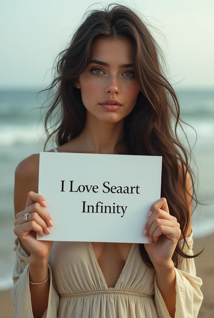 Beautiful girl with wavy long hair, bohemian dress, holding a white board with text "I Love Seaart Infinity" and showing it to the viewer