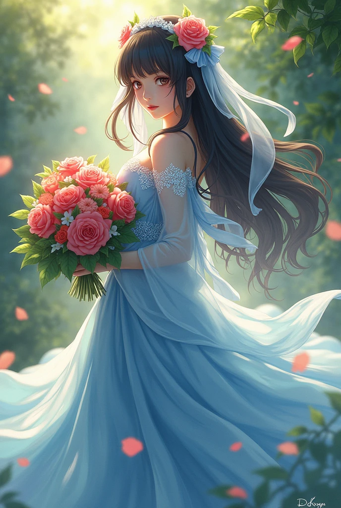 Reimu with a blue wedding dress and carring roses