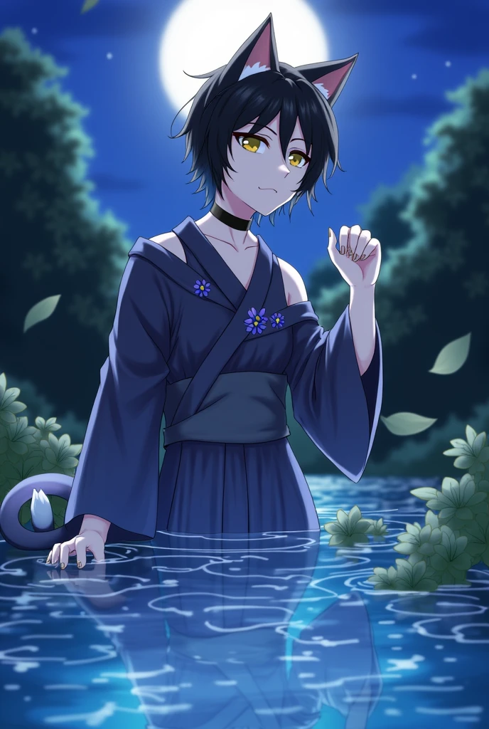score_9,score_8_up,score_7_up,score_6_up, source_anime, 1boy, animal ears, solo, cat ears, cat tail, black hair, short hair, yellow eyes, hand up, body fur, blue flower, choker, fingernails, closed mouth, furry, long sleeves, collarbone, japanese clothes, cat boy, kimono, nape,
claws, off shoulder,
from below,
full body, knees up, looking to the side, 
depth of field, blurry, foreshortening,
dappled moonlight, outdoors, stream, nature, scenery, moonlight, night sky, kimono, leaf, nape, lake, partially submerged, reflective water, bioluminescence,
masterpiece, best quality, very aesthetic, absurdres
