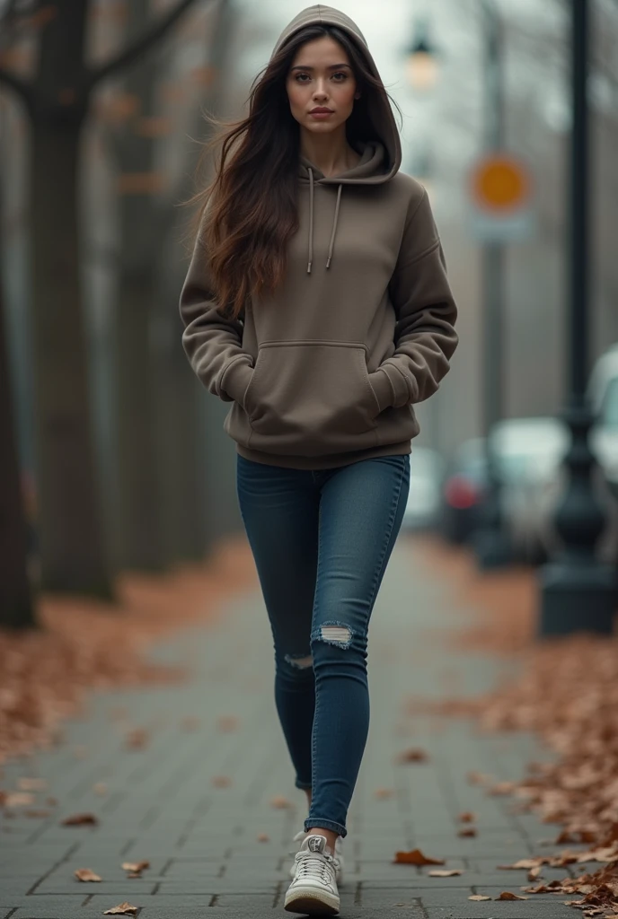 woman standing, wearing a hoodie, 8k, beautiful face, cinematic photography, high quality, extremely detailed, 4k, sneakers, looking at viewer, walking alone, super details