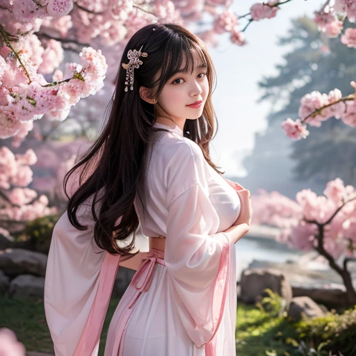 best quality, Delicate face,beautiful visual work, lifelike, eternity, black hair, Long curly hair, blunt bangs, Smile, Detailed Background, Delicate face,blush,cold,((masterpiece))、(top quality)、8k、high detail、Super detailed,31-year-old female,身穿唐制Hanfu、waist skirt, Clothes are light and fluffy,Hanfu, wide sleeves, Transparent sleeves, Tunic, Clothes made of chiffon, masterpiece、born、Scenes resembling fairy tale illustrations、intricate details和複雜的設計、Beautifully、magic、capricious、 Beautifully、Dream aesthetics、「𝓡𝓸𝓶𝓪𝓷𝓽𝓲𝓬、ethereal、charming、fickle、magic」、realism、Visual effects、FXAA、SSAO、Shader、voiceless、ambient lighting、Tone mapping、High resolution、Ultra high quality、Million pixels、(8K resolution:1.10)、8k、8k以下、8K resolution、high detail、intricate details, (high quality:1.2、masterpiece:1.2、:1.21)、(31-year-old female:1.21)、(興奮地Smile)、(被dream般的氛圍所包圍、Model diagram,full-body shot,Normal 2 feet,Put your hands behind you,The protrusion of the breast is visible when wearing clothes, Large Breasts, H cup chest, antiquity, Xian Xia, gauze clothes, Soft and fluttering, Fairy, dream, fantasy, light, Elegant, nature, Immortal, romantic, classical, ribbon, pink clothes, in tall woods, In the woods like a martial arts drama, Don't show your fingers, full-body shot,floor length skirt
