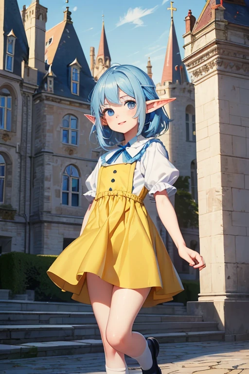 Absurdres, best high quality, high resolution, masterpiece, best quality, HD, solo character, simple background
{{8 years old elf girl:, (pale, short thick messy azure blue hair, heterochromatic eyes, very thin lips, short elf ears, short body, flat chest, cute arms, cute legs), (wearing yellow little dress), (jumping, playing in the castle, beautiful kid, cute face, cheerful open smile, love, adorable, cheerful, innocent, pure), (royal castle on denmark, sunny day, wonderful morning)}}
