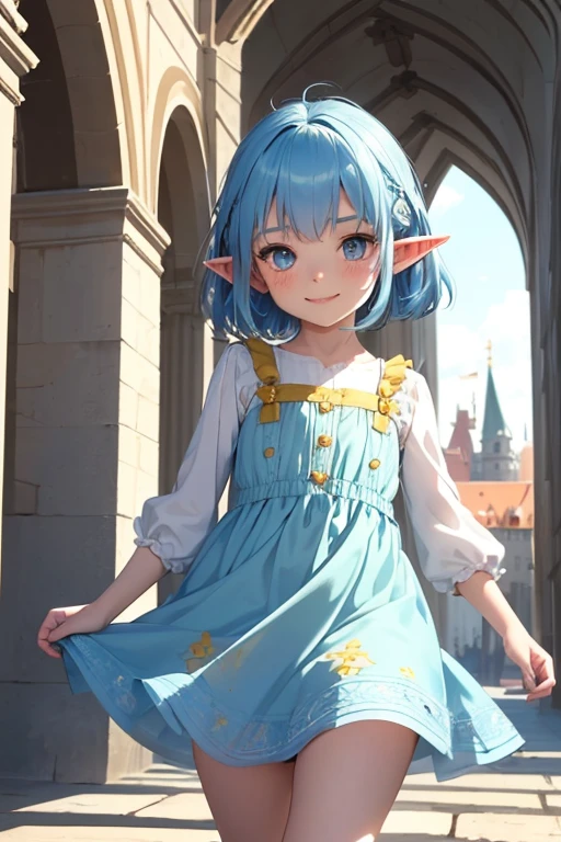 Absurdres, best high quality, high resolution, masterpiece, best quality, HD, solo character, simple background
{{ elf girl:, (pale, short thick messy azure blue hair, heterochromatic eyes, very thin lips, short elf ears, short body, flat chest, cute arms, cute legs), (wearing yellow little dress), (jumping, playing in the castle, beautiful kid, cute face, cheerful open smile, love, adorable, cheerful, innocent, pure), (royal castle on denmark, sunny day, wonderful morning)}}