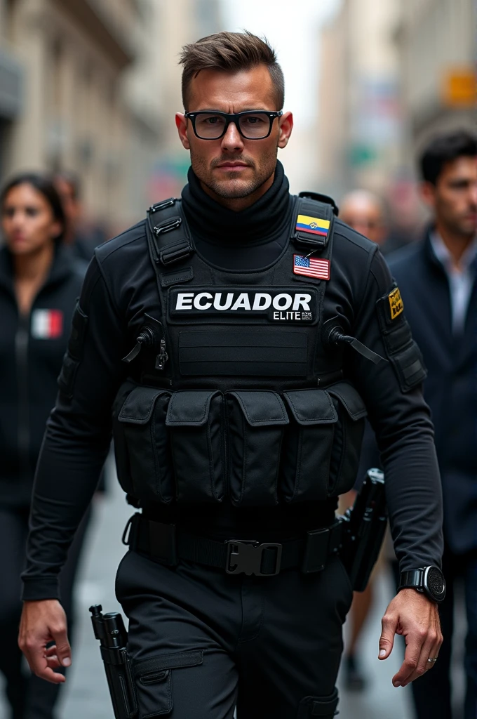 Tactical man in black uniform with the flag of Ecuador on his left shoulder, word Elite International on the chest on the right side, wearing black glasses on a street, Escorting people 