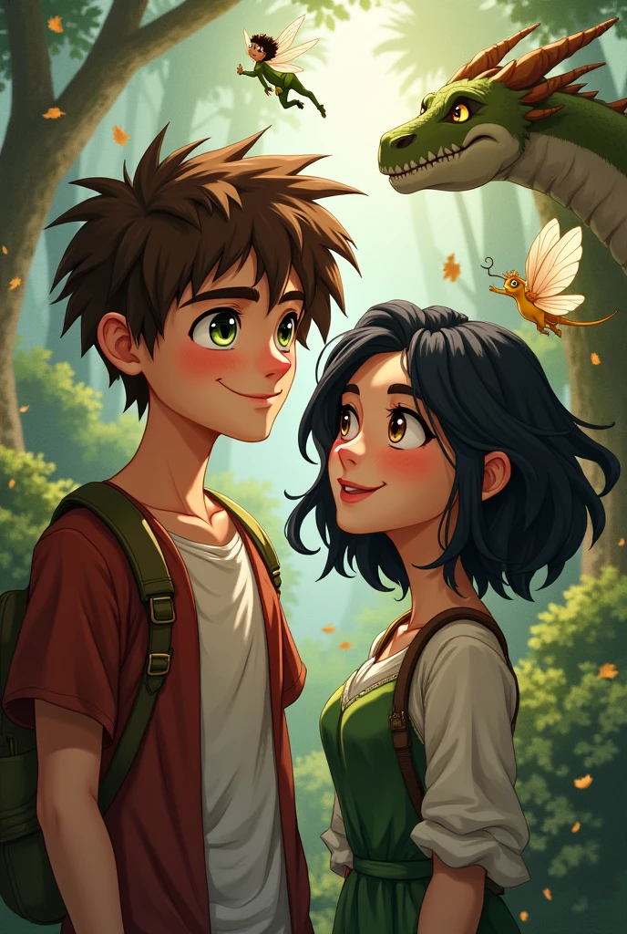 A young man with short, spiky brown hair, piercing green eyes, and a confident smile and a young woman with shoulder-length black hair, warm brown eyes, and an inquisitive expression encountering mythical creatures. They are surrounded by fairies, dragons, and other fantastical beast.

