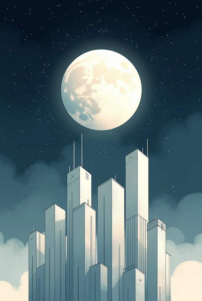 Combine drawing of moon and buildings in lines