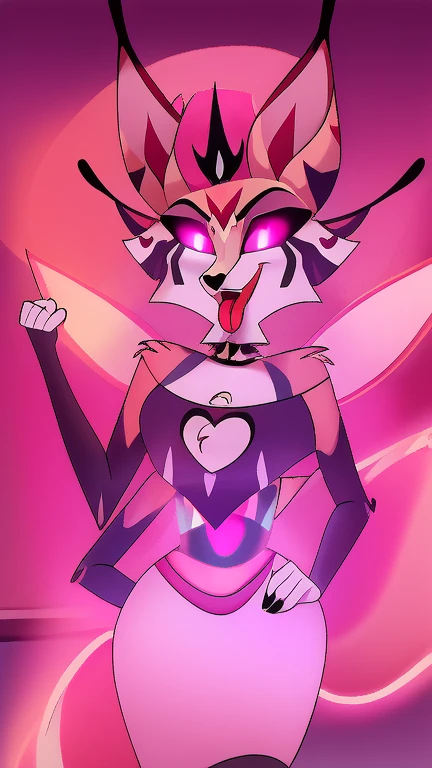 (masterpiece, best quality:1.2), Queen Bee female hellhound, wolf, furry, helluva boss, hypnotized with glowing purple eyes, tongue out, carrying swords in all four hands