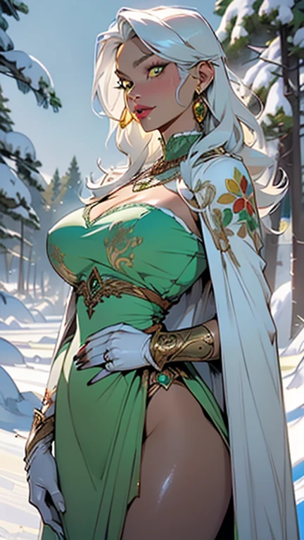 woman,1female,((milf,mom,mature,mature woman,45 years old female,adult)),(large breasts:1.5),saggy breasts,(((white hair:1.4,straight hair,long hair:1.4,colored inner hair))),((yellow_eyes:1.3)),intricate eyes,beautiful detailed eyes,symmetrical eyes,((((dark skin:1.4,lustrous skin:1.5,bright skin: 1.5,skin tanned,shiny skin,very shiny skin,shiny body,illuminated skin)))),(spider lower abdomen,narrow waist,wide hip,bimbo body,inflated legs,thick thighs,delicate detailed fingers),(((detailed face))),

cute,slutty,sensual,seductive look,seductive,((erotic)),opulent,sumptuous,longingly,((nsfw)),

queen,goddess,fantasy,(beautiful winter silver clothes,silver silk),((strapless green dress,very long green skirt,green dress)),(silver clothes),(((ice jewelry,intricate necklace,christmas jewelry,detailed outfit))),cleavage,silver silk,((eyeshadow,elegant makeup,eyelid makeup,gold lips,gold lipstick)),((Transparent cloth:1.1)), (((Sexy white fur cloak, white fur cloak outfit, wearing a white fur cloak:1.3,winter white cloak))),green gloves,(((intricate outfit,intricate clothes,embroidered outfit,ornate outfit,embroidered clothes,ornate clothes))),

(dynamic pose:1.0),embarrassed,(centered,scale to fit dimensions,Rule of thirds),

((snowy pine forest)),winter,scenery:1.25,((intricate scenery)),((snow forest background)),

(Glossy winter ornaments),highres,sharp focus,(ultra detailed,extremely detailed),(photorealistic artwork:1.37),(extremely detailed CG unity 8k wallpaper),(((vibrant colors,vibrant theme))),(intricate),(masterpiece),(best quality),

