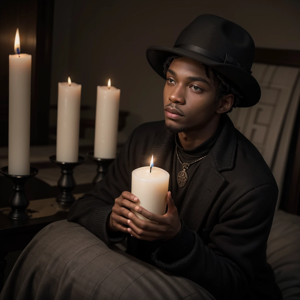 dark cemetery, black man hat candle in hand