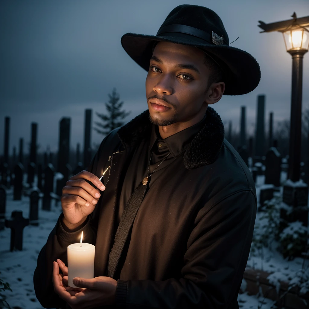 dark cemetery, black man hat candle in hand