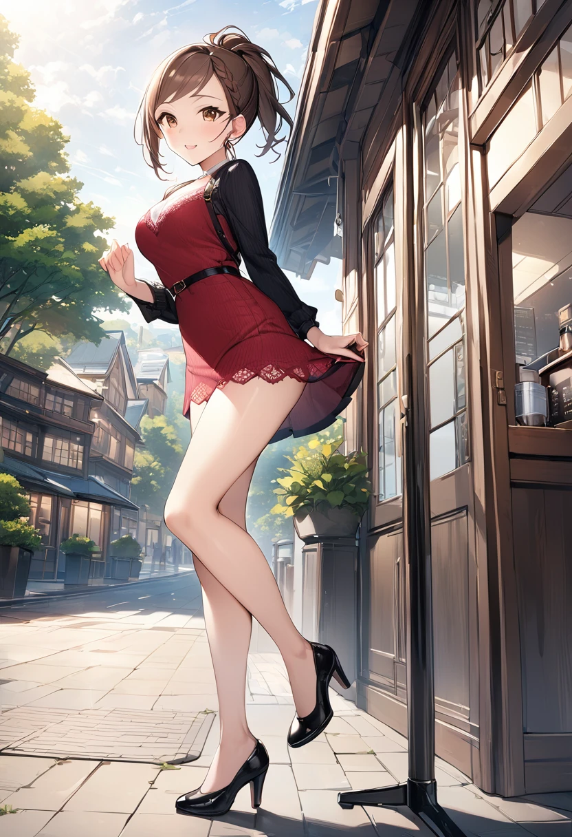 Brown Hair、((((masterpiece) (((((Highest quality))))((high resolution))))), Very detailed, 、、((Pink lace panties、、、、、、Low - Angle、shirt、、High Kick、Raise one leg、((Beautiful legs))))、(((Perfect Legs)))、Town、Red Knitted Dress、null、building、Short ponytail、Beautiful panties、The perfect outfit、Brown Eyes、Confident face、2-pin、stand、outside