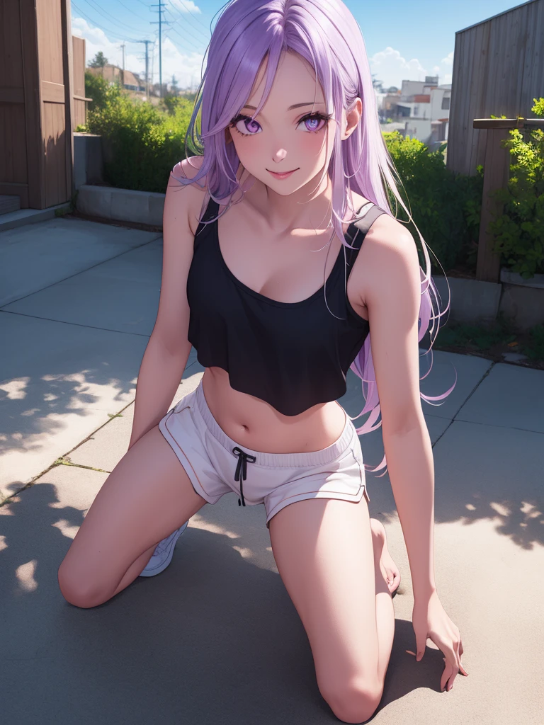 (extremely detailed CG unity 8k wallpaper),(masterpiece),(best quality),(ultra-detailed),(best illustration),(best shadow),1girl, solo, purple eyes, looking at viewer, long hair, closed mouth, purple hair, bangs, outdoors, sidelocks, pale skin, no pupils, pretty, full body, wearing a white cropped t-shirt, black shorts, small breasts, 34 years old, adult, smiling, hair down, mature, athletic shorts, crop top, detailed eyes, perfect eyelashes, perfect hands