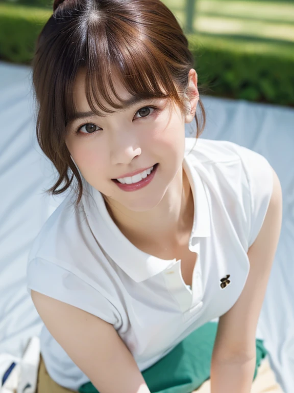 Masterpiece, Best quality, 8K:1.3), (Ultra realistic, Photo-realistic:1.2), (From above:1.3), From side, (Crawling position:1.1), (Seductive pose:1.1), Natural light, 28 years old actress, Japanese women, Neat and clean, (Wearing white tennis uniform, White short-sleeve polo shirt:1.3), (unbutton polo shirt:1.3), (White tennis mini skirt:1.3), White sock, (Beautiful thighs:1.1), (ponytail:1.1), (Short wavy hair:1.2), Light brown hair color, (Beautiful Face), Oval face, clear, Beautiful eyes, Kind eyes, Bedroom eyes, (Clear skin), Natural makeup, Small face, Small mouth, Beautiful mouth, Approachable, Hotel Suite room, On bed, Seductive smile, Shy,