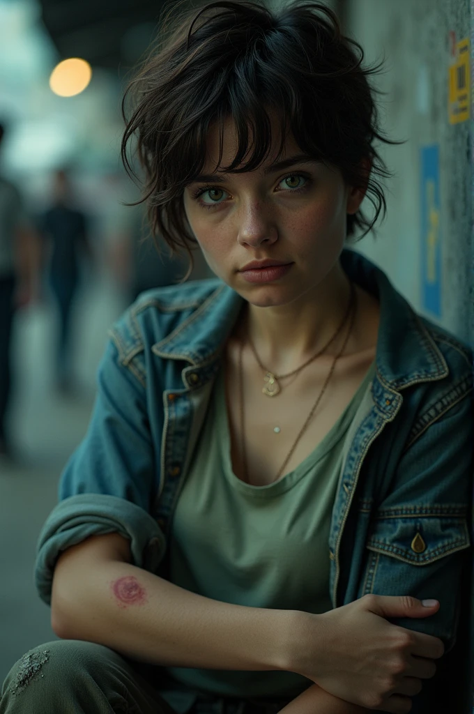 About 30s.
Appearance: She has short, messy hair, of a dark brown tone., with green eyes.
Clothing: She wears a worn out t-shirt and a denim jacket., with worn pants. There is a small cut on your arm