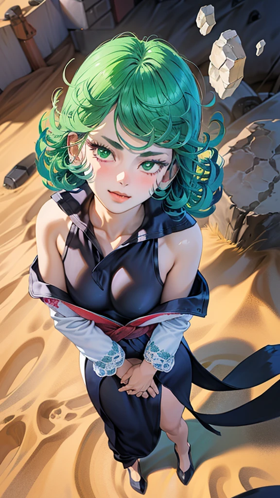 (work of art, best qualityer:1.4), (whole body), 1 girl, standing alone, out, in a desert with sand and dust, tatsumaki, (pelvic curtain:1.2), long sleeves, black gown, (hair green), shorth hair, medium breasts, beautiful smiling, beautiful face, high-detailed face, highly-detailed eyes, highly detailed skin, skin pore, (((floating with a green aura))), underground dispersal, realisitic pupils, full-face blush, fleshy lips, Depth of field, volumetric lighting, sharp focus, absurderes, realisitic proportions, good anatomy, (realisitic, hyperrealisitic:1.4), 16k hdr