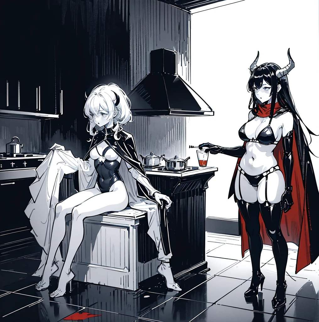 a woman standing on her stomach with bloody blood coming out the bottom, a sexy skeleton zombie in the dark holding glowing balls in his hand with three different spell behind her is speech bubble, a woman in a bikini on the floor of her home with no clothes on, two women with black and white art in the background one woman has her hand up, bathing suit standing at the kitchen counter, a female character dressed in a robot suit with no panties, a girl is shown wearing a cape and stockings with horns on her head and wearing lewd underwear