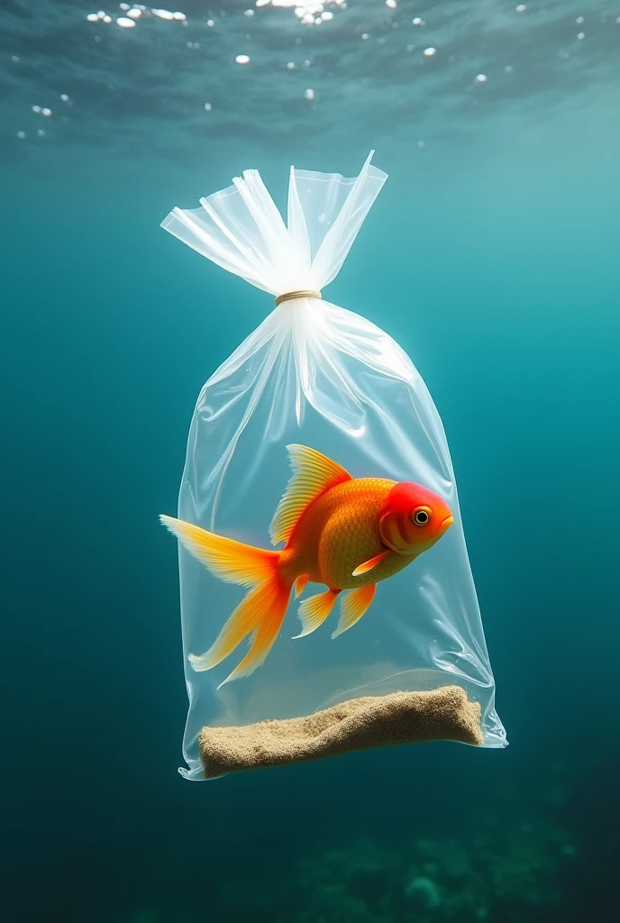A goldfish inside a plastic bag in the sea