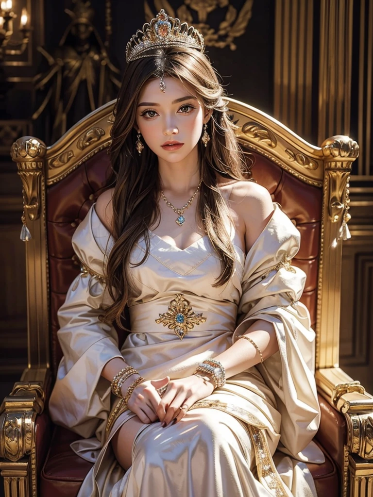 Princess attire, full of jewelry, seat on the throne
