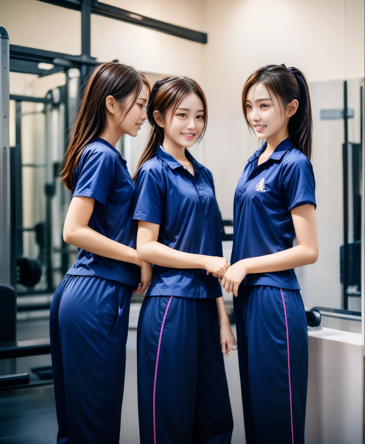 3 girls in fitness center, Navy blue short-sleeved shirt,Navy Long Trackpant,Sweatpants, Sweatpantsขายาว,25 year old girl, , sexy, ecise clothes, wet body, exercise clothes