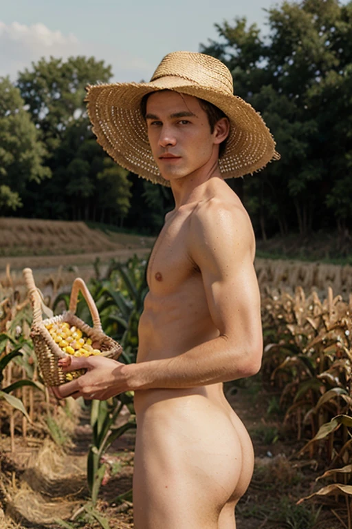 Young handsome cute white skin smooth skinny beautiful face shirtless In a corn field picking corn in a basket holding in his hand cute bare butt big penis hat