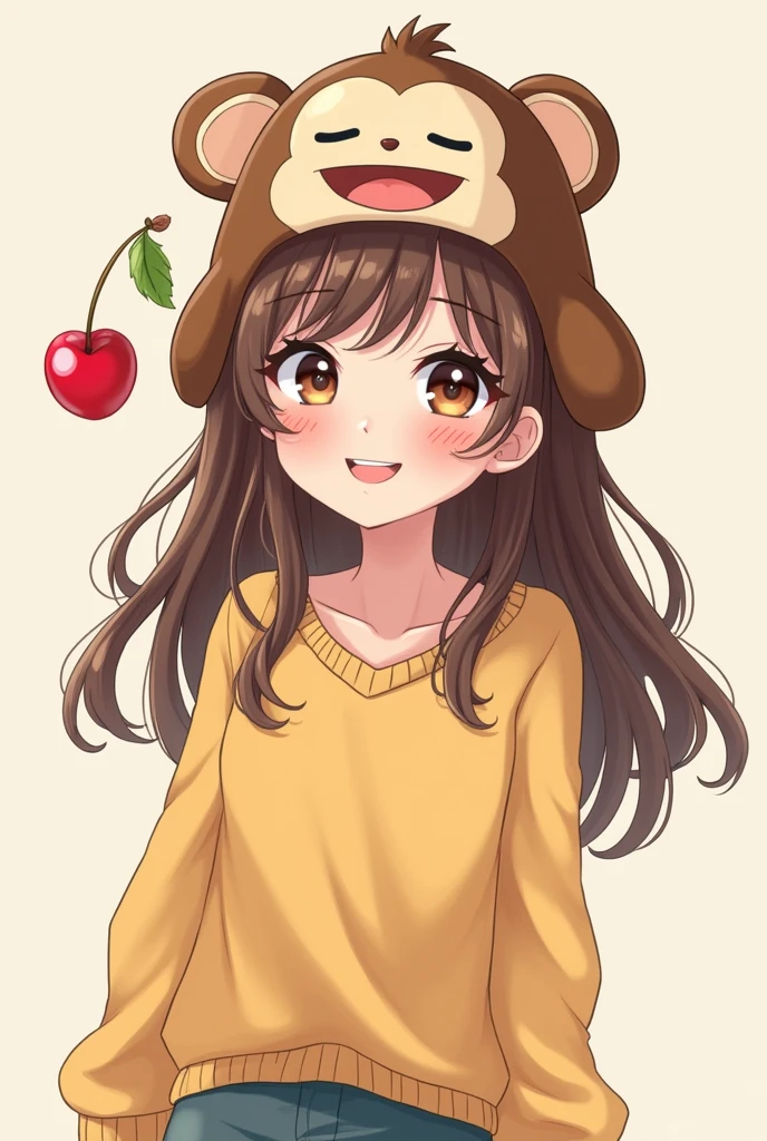 Cute illustration of a pretty ager with brown hair and a monkey hat, with a cherry
