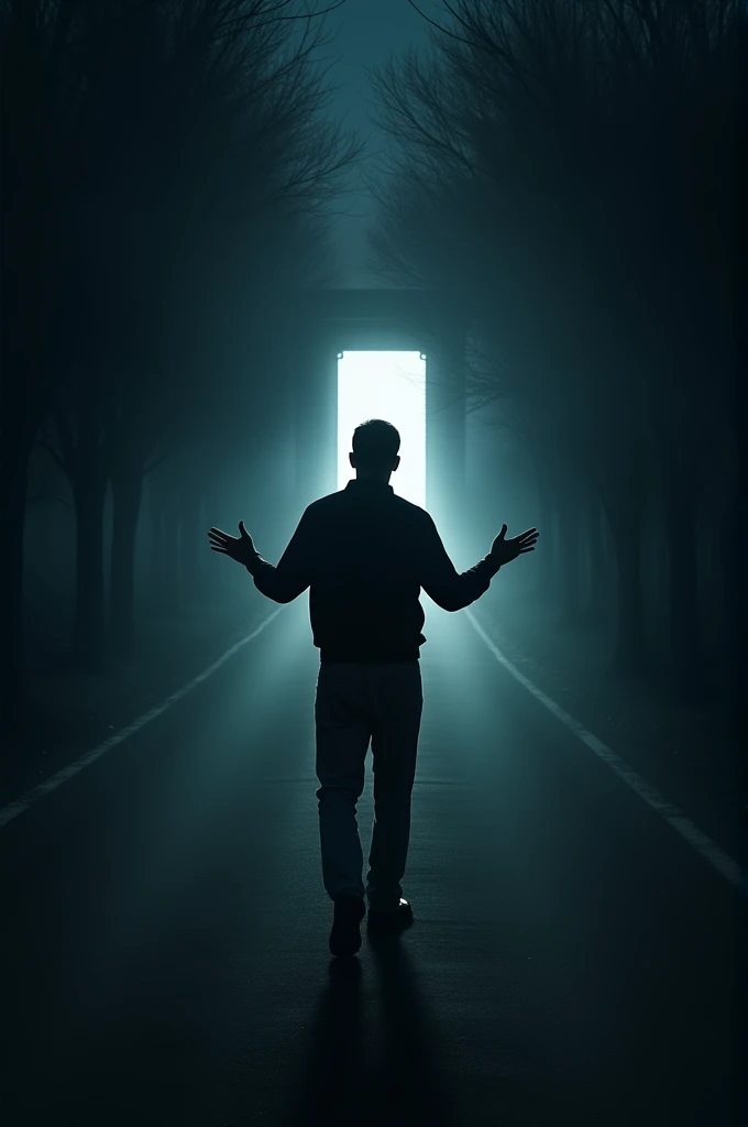 The pointing hands of a man walking down a dark road with a lighted door in front of him
