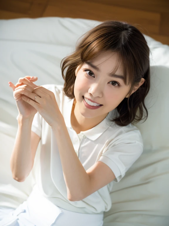Masterpiece, Best quality, 8K:1.3), (Ultra realistic, Photo-realistic:1.2), (From above:1.3), From side, (Crawling position:1.1), (Seductive pose:1.1), Natural light, 28 years old actress, Japanese women, Neat and clean, (Wearing white tennis uniform, White short-sleeve polo shirt:1.3), (unbutton polo shirt:1.3), (White tennis mini skirt:1.3), White sock, (Beautiful thighs:1.1), (ponytail:1.1), (Short wavy hair:1.2), Light brown hair color, (Beautiful Face), Oval face, clear, Beautiful eyes, Kind eyes, Bedroom eyes, (Clear skin), Natural makeup, Small face, Small mouth, Beautiful mouth, Approachable, Hotel Suite room, On bed, Seductive smile, Shy,