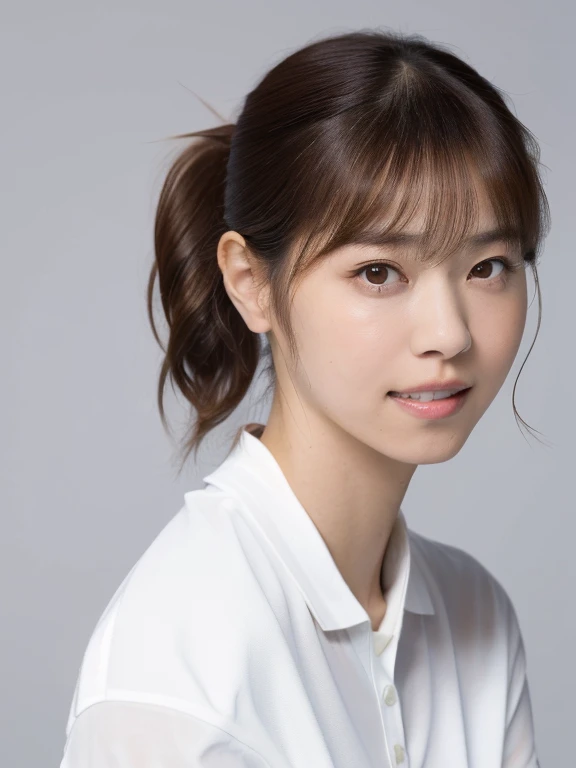 Masterpiece, Best quality, 8K:1.3), (Ultra realistic, Photo-realistic:1.2), (From above:1.3), From side, (Crawling position:1.1), (Seductive pose:1.1), Natural light, 28 years old actress, Japanese women, Neat and clean, (Wearing white tennis uniform, White short-sleeve polo shirt:1.3), (unbutton polo shirt:1.3), (White tennis mini skirt:1.3), White sock, (Beautiful thighs:1.1), (ponytail:1.1), (Short wavy hair:1.2), Light brown hair color, (Beautiful Face), Oval face, clear, Beautiful eyes, Kind eyes, Bedroom eyes, (Clear skin), Natural makeup, Small face, Small mouth, Beautiful mouth, Approachable, Hotel Suite room, On bed, Seductive smile, Shy,