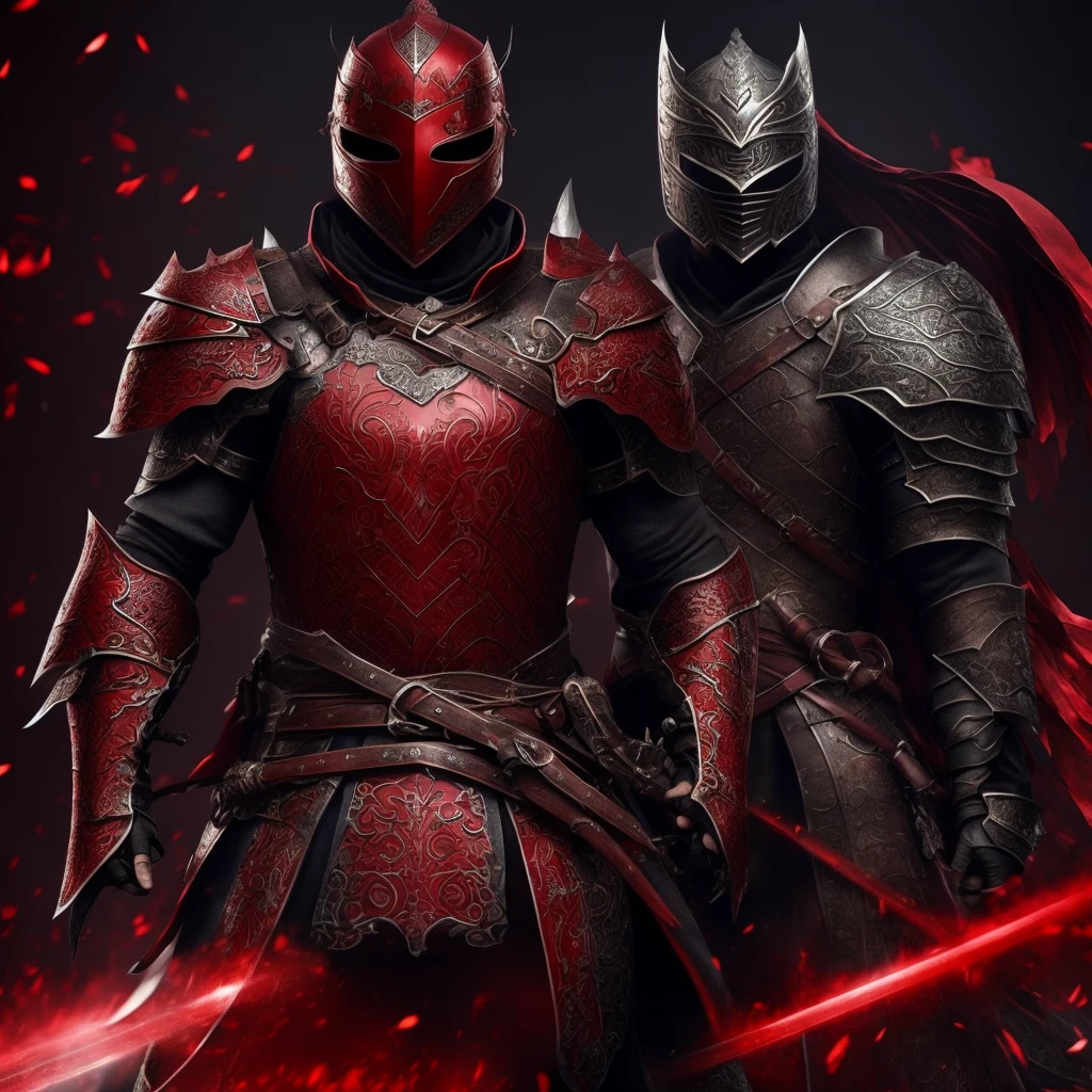 Vivid depiction、3DCG、Clear photos、Depiction of the upper body、A warrior in full red armor with his face hidden、The background is darkness、