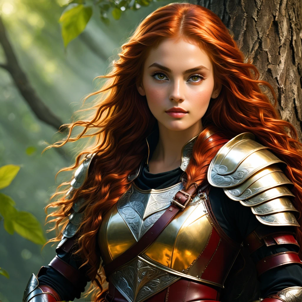 an image Nayane Laura Menequel XX weeks 13, a beautiful young woman with a friendly warrior appearance, detailed light honey eyes, long red hair, wearing leather armor sitting on a tree