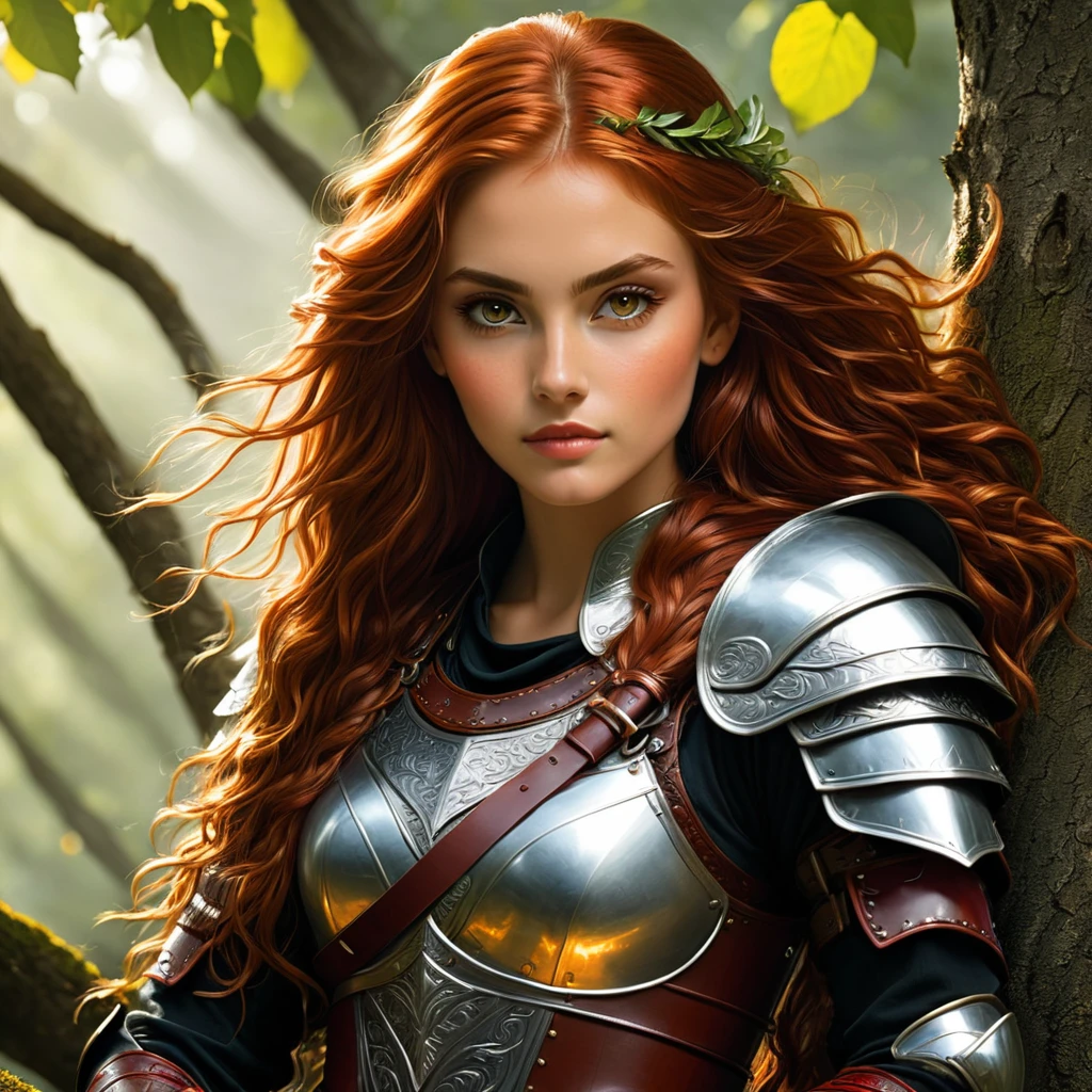 an image Nayane Laura Menequel XX weeks 13, a beautiful young woman with a friendly warrior appearance, detailed light honey eyes, long red hair, wearing leather armor sitting on a tree