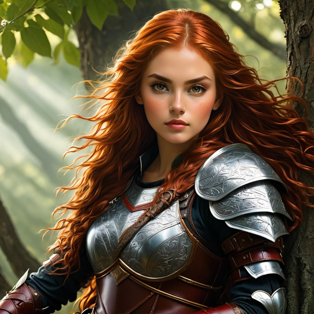 an image Nayane Laura Menequel XX weeks 13, a beautiful young woman with a friendly warrior appearance, detailed light honey eyes, long red hair, wearing leather armor sitting on a tree