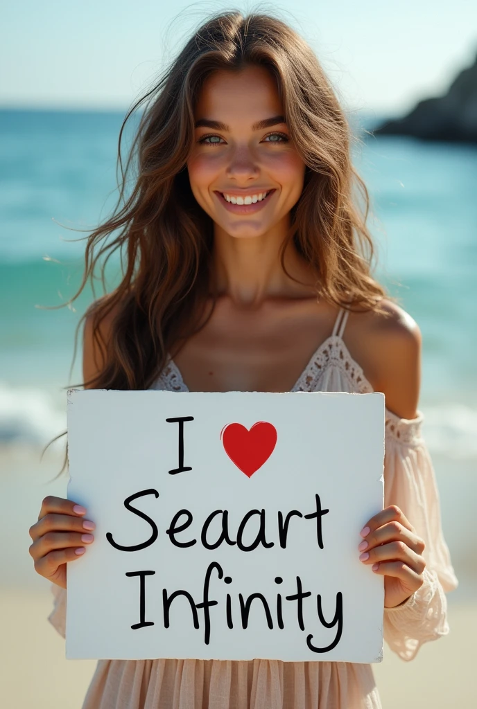 Beautiful girl with wavy long hair, bohemian dress, holding a white board with text "I Love Seaart Infinity" and showing it to the viewer