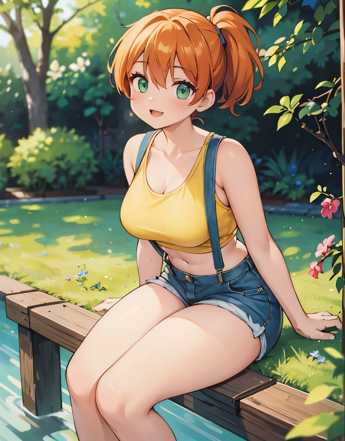 (best quality,4k,8k,highres,masterpiece:1.2), ultra-detailed, realistic:1.37, HDR, studio lighting, vivid colors, bokeh, baking, unattached beautiful girl,a girl riding a bicycle on a green path filled with flowers, beautiful detailed eyes, beautiful detailed lips, extremely detailed eyes and face, long eyelashes, girl riding a bicycle, outdoors, nature,beautiful detailed eyes,beautiful detailed lips,extremely detailed eyes and face,long eyelashes, with a lovestruck gaze, (photorealistic:1.37), with (best quality,4k,8k,highres,masterpiece:1.2), misty, 1girl, breasts, looking_at_viewer, short_hair, closed_mouth, bangs, navel, hair_between_eyes, bare_shoulders, sitting, green_eyes, full_body, lying, sleeveless, midriff, orange_hair, side_ponytail, crop_top, looking_to_the_side, eyelashes, bare_legs, sleeveless_shirt, leaning_forward, arm_support, suspenders, tank_top, denim_shorts, yellow_shirt, hair_tie, green_shorts, suspender_shorts, yellow_tank_top, down blouse, body shape, chubby thighs, thick thighs, open mouth, smile, ultra-detailed description, capturing every exquisite detail of her appearance. Her eyes are mesmerizing, with long curled lashes, glistening in the light. Her lips are perfectly shaped, with a subtle hint of a smile. She is dressed elegantly in a flowing dress, radiating grace and charm. The scene is bathed in warm and romantic lighting, creating a captivating ambiance. The artwork possesses a fusion of realism and artistic flair, resulting in a masterpiece that showcases the emotions of love and admiration.