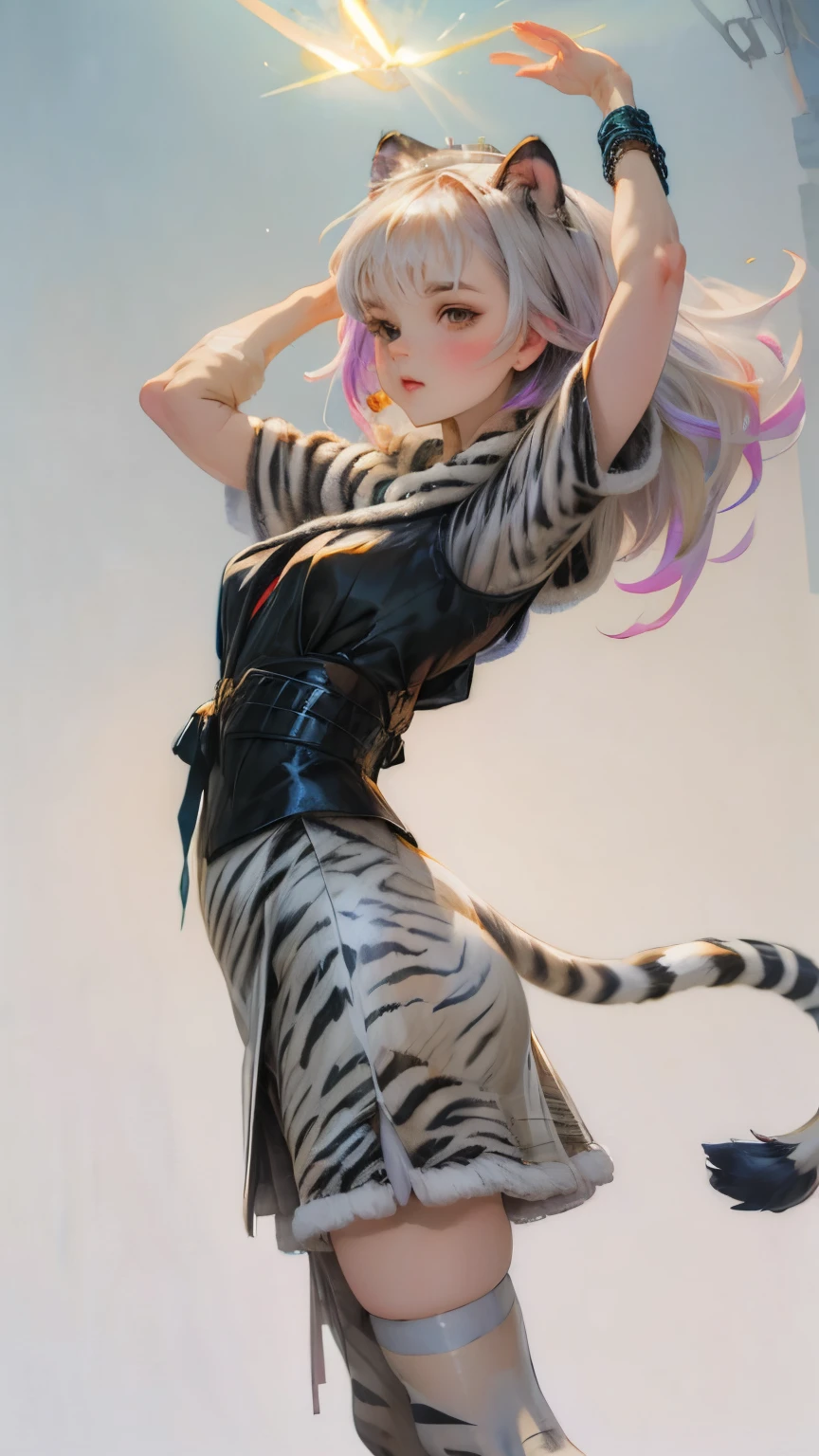 Cyberpunk, Frank Frazetta style, perfect composition, one woman, solo, white tiger theme, arms up, knees up, pose, low angle close up shot, high background bloom, glow, soft pink edge light, long pointy white hair, white tiger ears, white tiger tail, white tiger fur stockings, small glow, white tiger stripes, perfect hands, high contrast, blown out brightness, harsh top down lighting, white tiger pattern wrap skirt