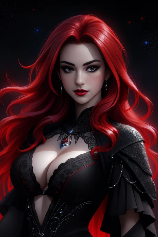 (Masterpiece - Ultra-Detailed, High Resolution) ((vivid red hair)), mature woman, 30 years old, diamond face, red starry sky background, depth of field, magic, big red lips, ((dark and black eyes)) black and red long and full dress, covered chest, mystical atmosphere, ominous shadows, Intense blue aura, Intense red aura (best quality:1.2), absurdres, intricate details, (highly detailed skin:1.2), smile expression, posing, taut and well defined body, attractive. Highly realistic, white skin, beautiful, hyperrealism, skin very elaborated, direct gaze.