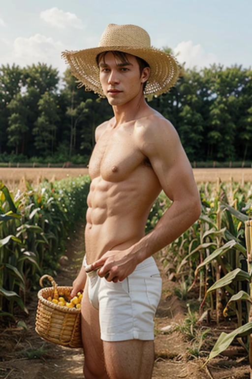 Young handsome cute white skin smooth skinny beautiful face shirtless In a corn field picking corn in a basket holding in his hand cute bare butt big penis hat