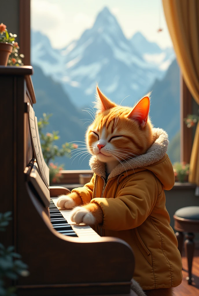 Orange cat playing piano in front of a window that looks at the dreamy mountain,He is dressed in a warm jacket ,he is a pianist cat...