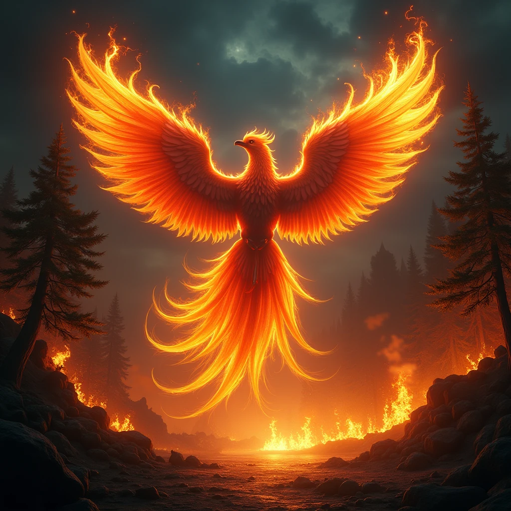 A phoenix rising to above a burning forests and night