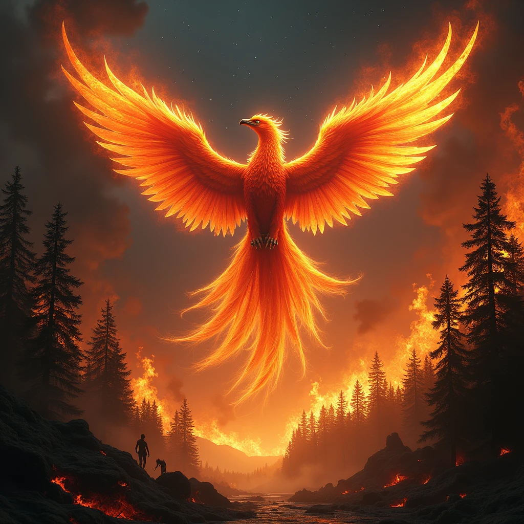 A phoenix rising to above a burning forests and night