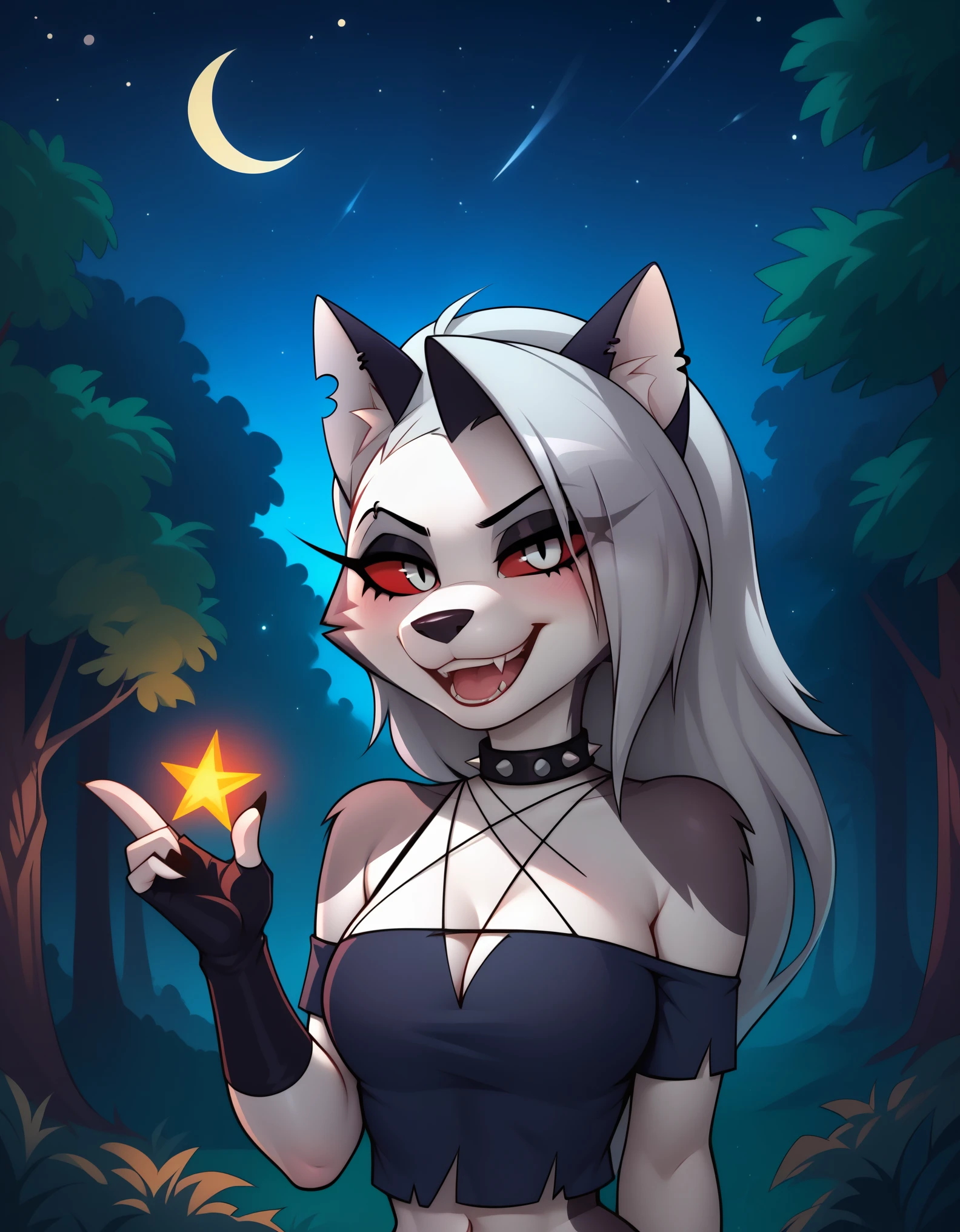 score_9_up, score_8_up, score_7_up,  rating_safe, furry, anthro, solo, loona(jizokumode), hellhound, red sclera, loona (helluva boss), tanktop, fingerless gloves, excited, blep, forest, night, stars, crescent moon, solo, forced smile, 4 fingers, inverted pentagram,