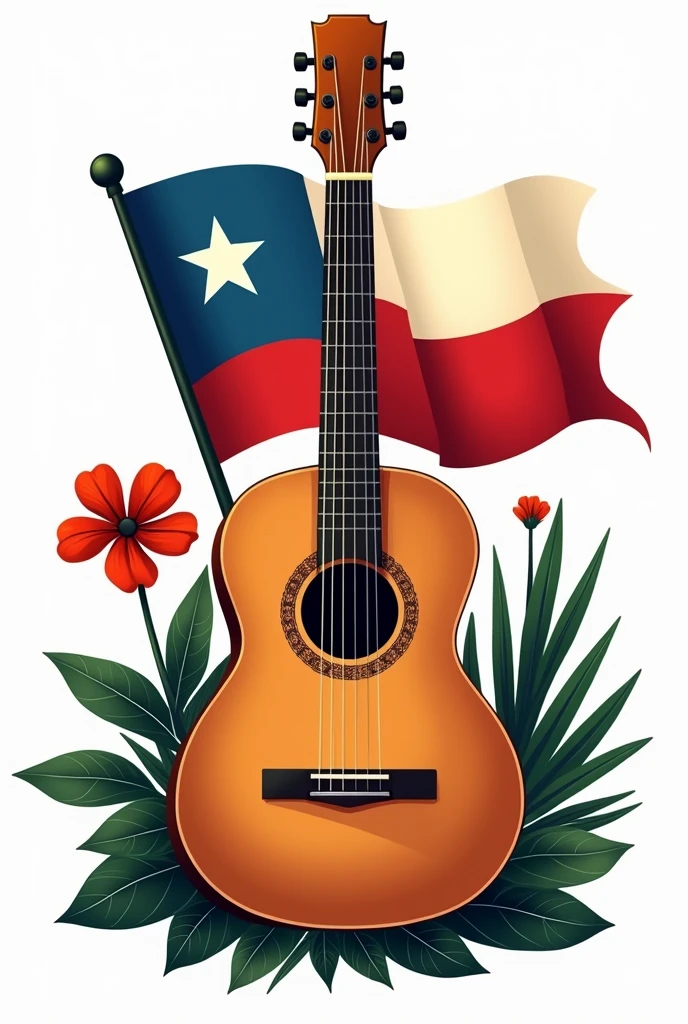 I need a logo with the Chilean flag waving in the background and musical context, specifically an acoustic guitar. Also with Copihues (national flower of Chile). Must say: "The Temucano Arica"